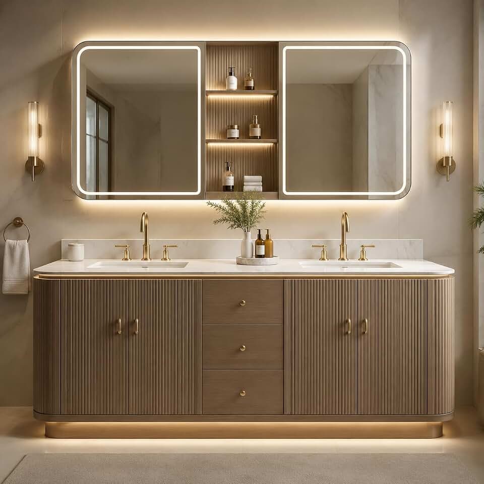 96 in Modern Fluted Double Sink Freestanding Bathroom Vanity