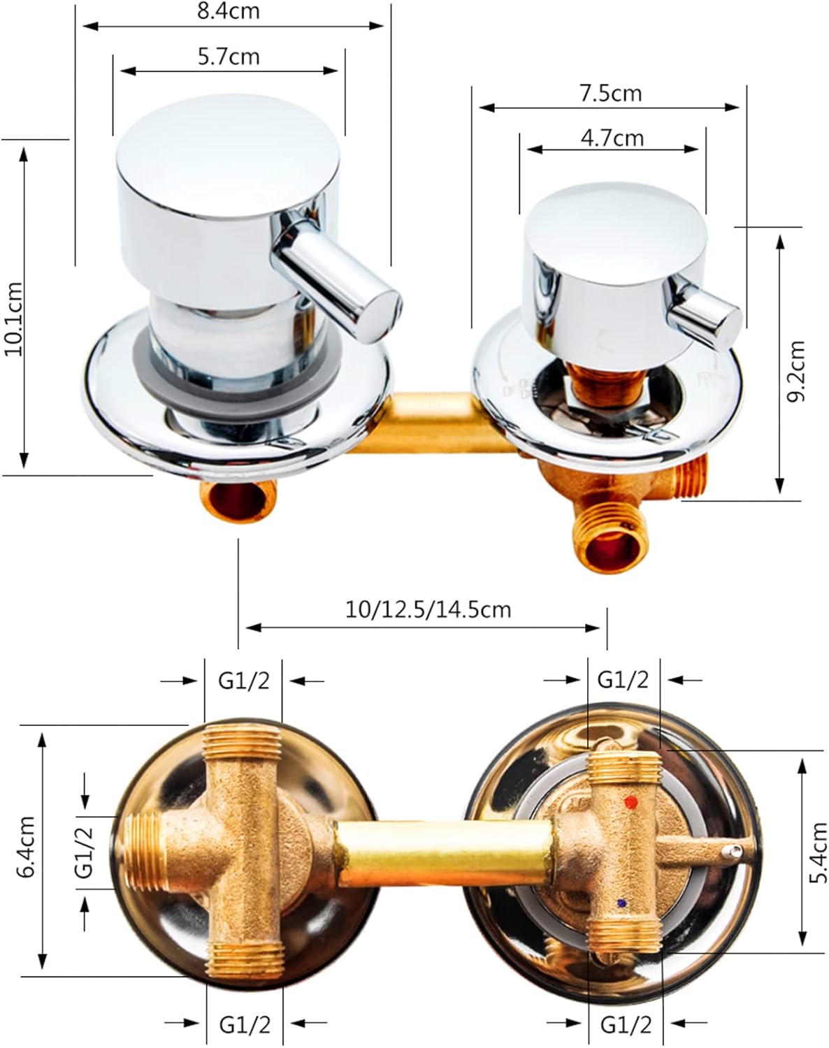 2/3/4/5 Output Hole Distance 10cm/ 12.5cm Brass Shower Room Faucet Set Intubation Mixer Tap and Diverter, G1/2" Water Mixing Valve for Shower Cabin, Ceramic Cartridge, Dual Handle (2 Way 10cm)
