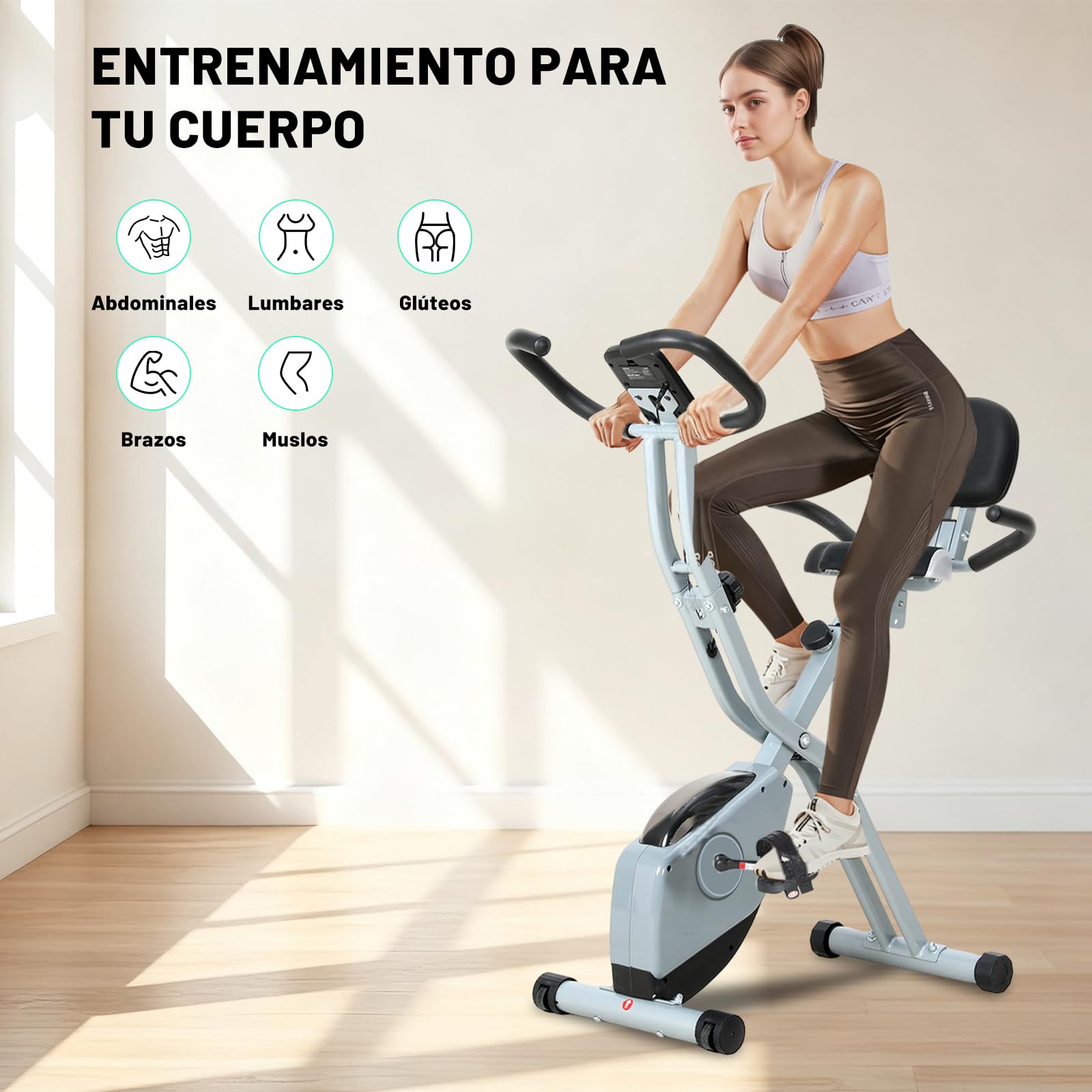 ISE Bicicleta estática plegable con respaldo acolchado, asiento ajustable,pedaleo silencioso, Bici Estatica Plegable con 8 niveles de resistencia,Exercise Bike con LCD pantalla, Bluetooth y APP