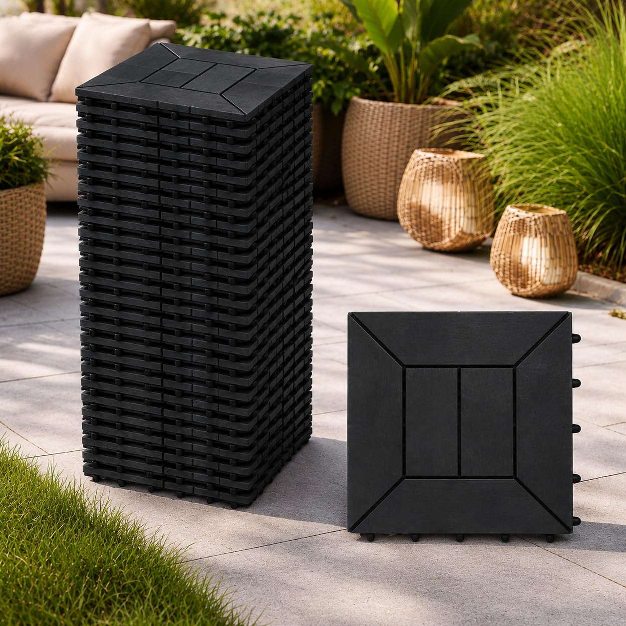 Set di Piastrelle in Plastica 30x30x2h cm - Pavimento Esterno, Giardino, Sistema a Incastro, per Terrazza, Patio, Resistente - Set da (48, Antracite)