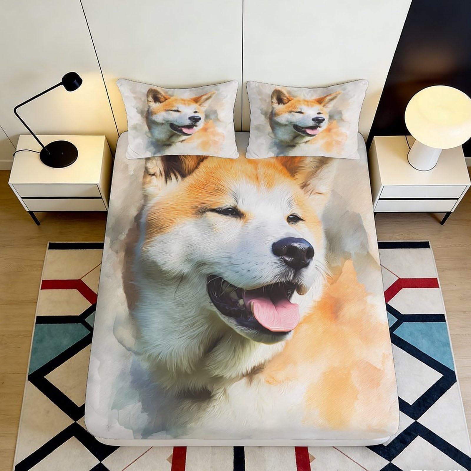 3D Printed Akita Dog Fitted Sheet Microfiber Soft Breathable Shiba Inu Mattress Cover for Bedroom Dorm Decor 90x200x25cm