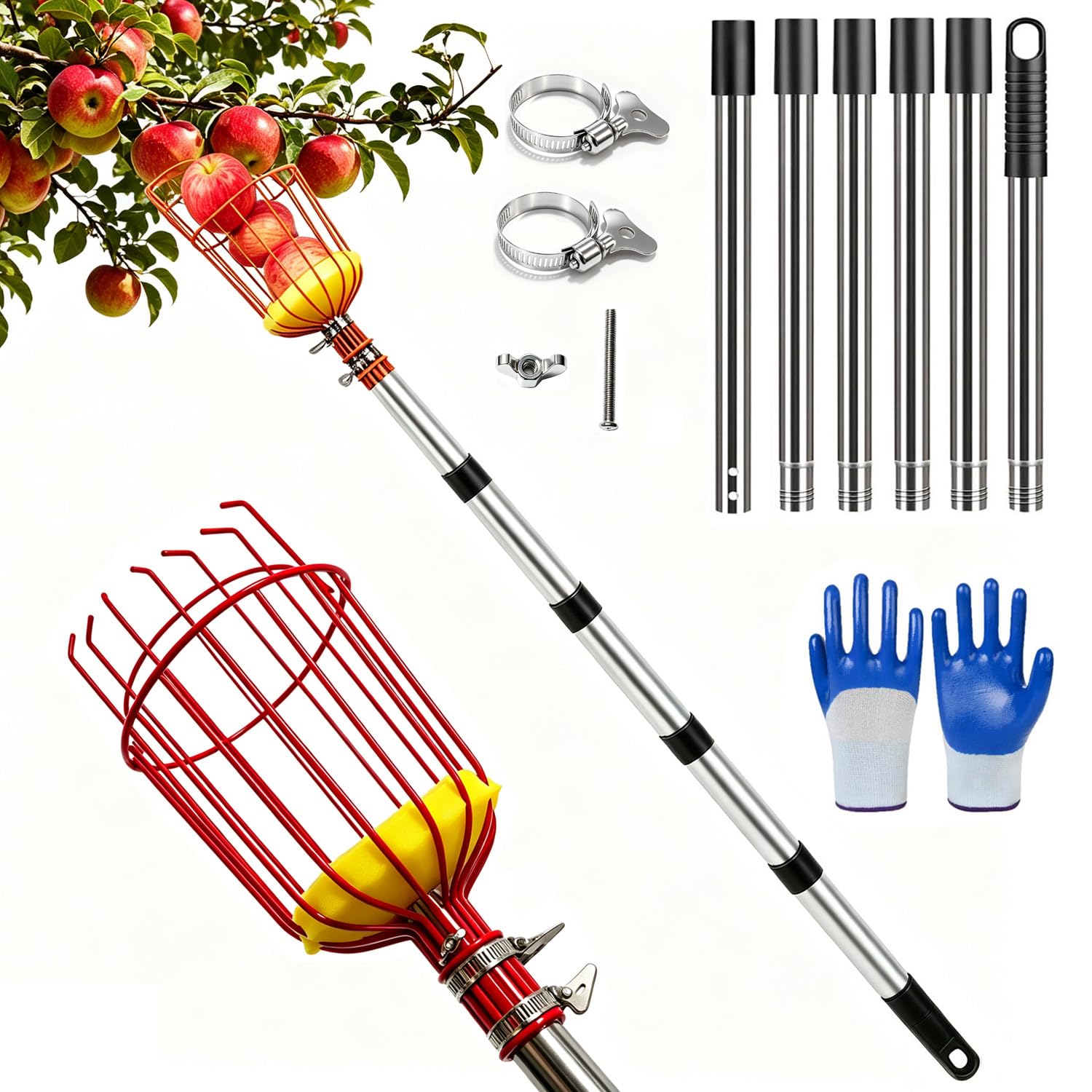 CHAMSUREUK 2.6M/8.5FT Fruit Picker with Basket, Fruit Grabber with Extendable Fruit Tool