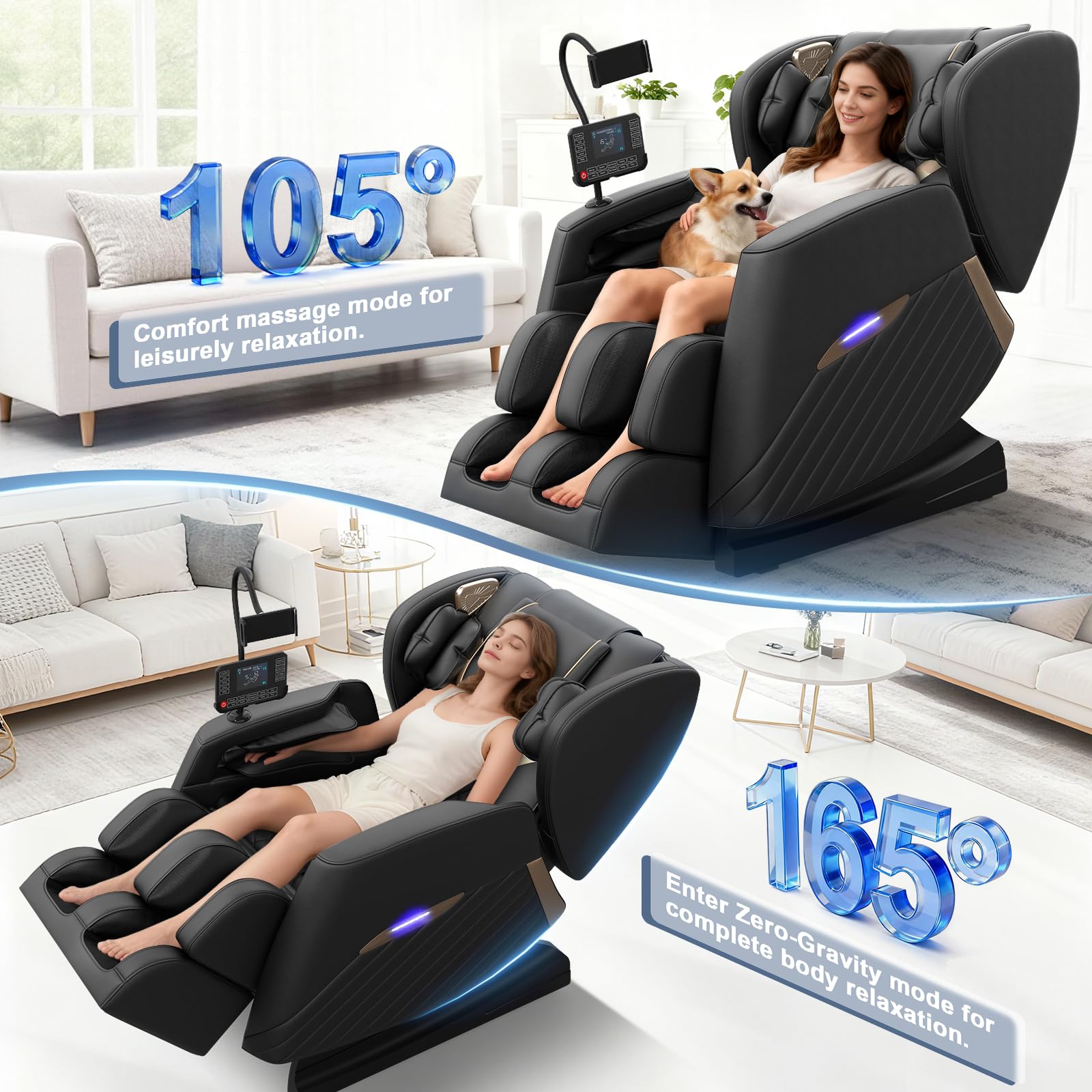Sillón de Masaje de Cuerpo Completo, Modo Gravedad Cero, con 16 Puntos de Masaje y 8 airbags, calefacción Lumbar, Rodillo para pantorrillas y Masaje con airbags, Altavoz Bluetooth