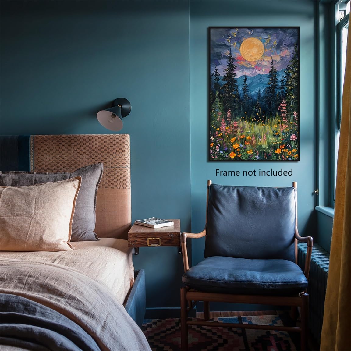 Anslipswar Vintage Full Moon Above The Wildflowers Canvas Wall Art, Mystical Midnight Woodland Art Print Poster - Image 4