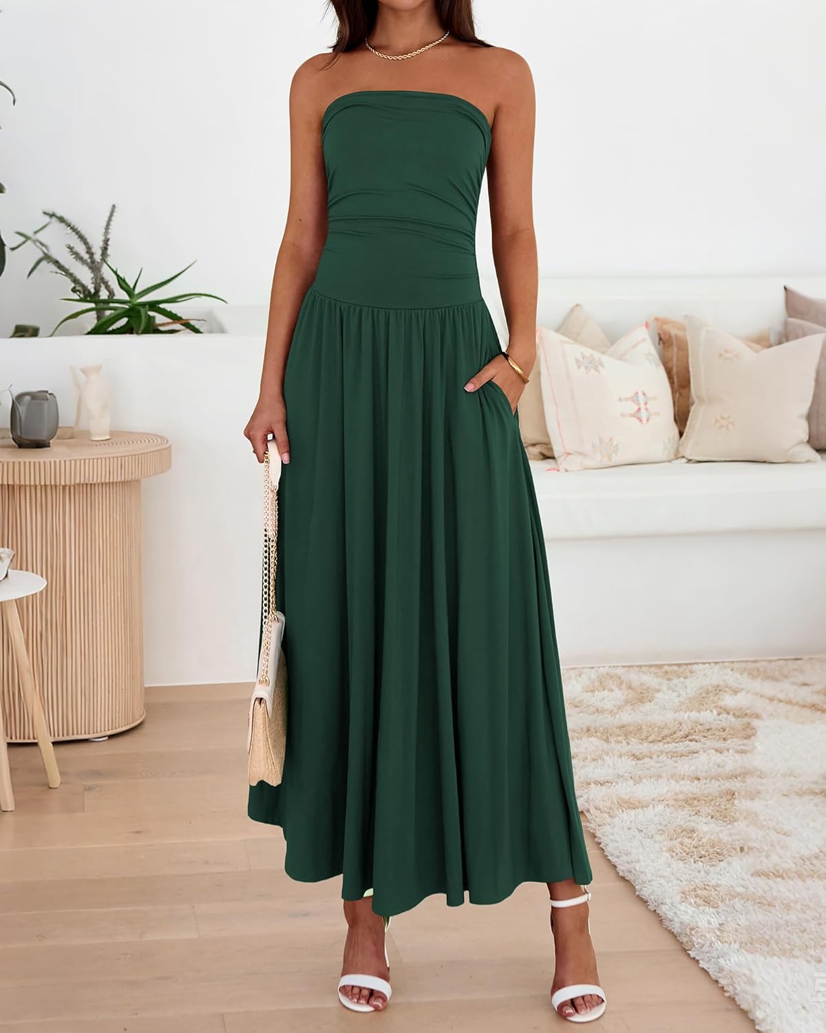 BTFBM Summer Maxi Dresses for Women 2026 Strapless Ruched Tube Top Beach Vacation Spring Wedding Guest Dress Pockets - Image 7
