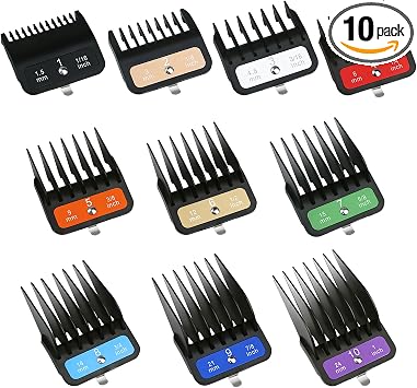10-Piece Clipper Guards Set Compatible with Most Wahl Clippers, 1/16  to 1" 1.5-24mm, Featuring Colorful Metal Clips for Improved Cutting Performance