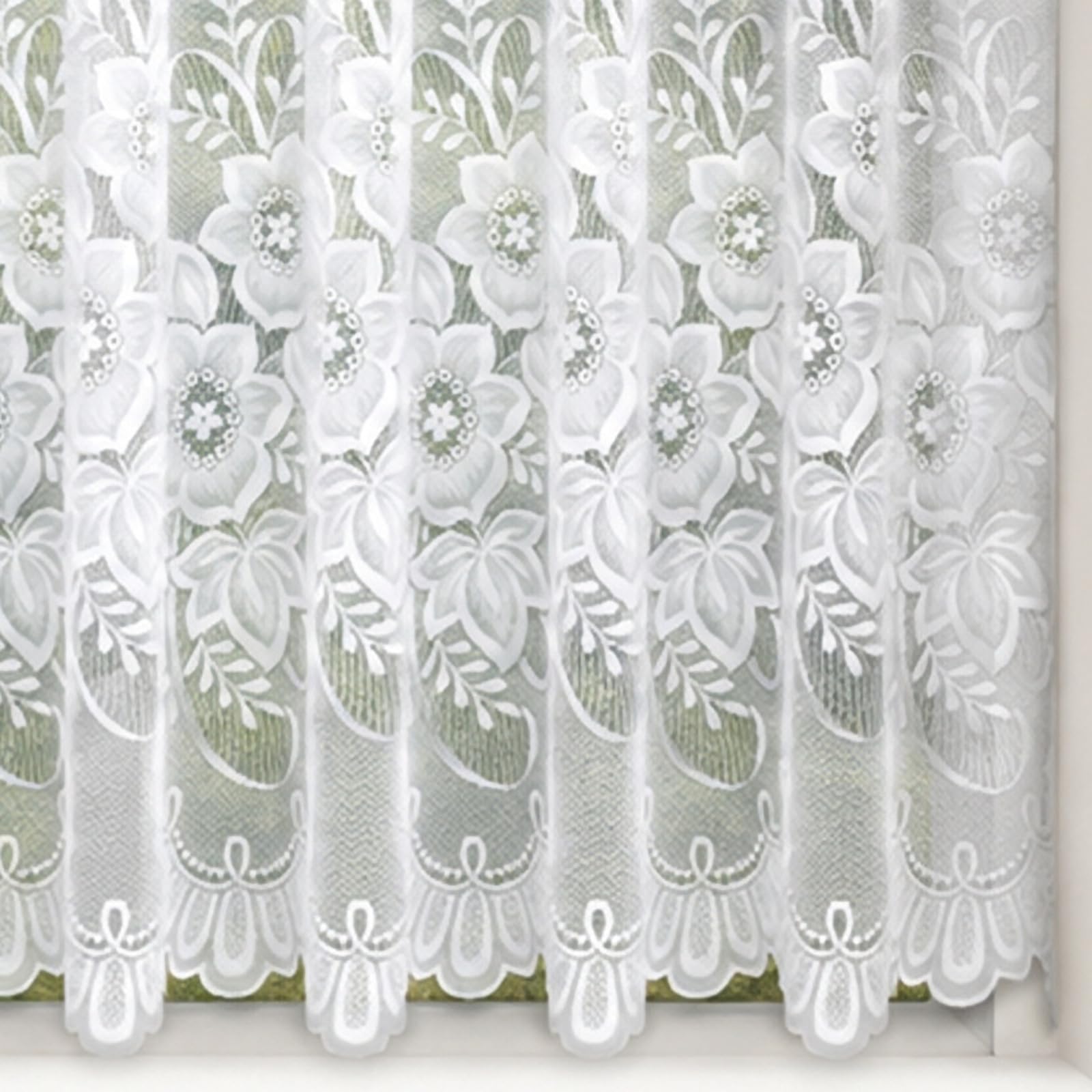 63" (160cm) Drop - Mirella White Traditional Floral Lace Net Curtain With Scalloped Hem - Choose Your Design - Sold By The Metre - Supplied In One Continuous Piece - Slot Top