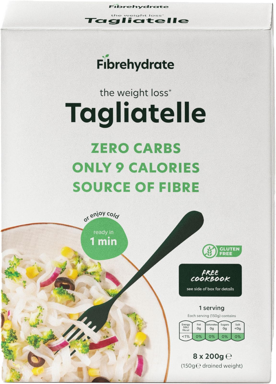 Fibrehydrate Tagliatelle (8 pack) - The Weight Loss Tagliatelle Of Choice By Celebrities - Vegan - Zero Carbs - Only 9 Calories - High-Fibre - Gluten Free - Keto - Konjac - Primal Living