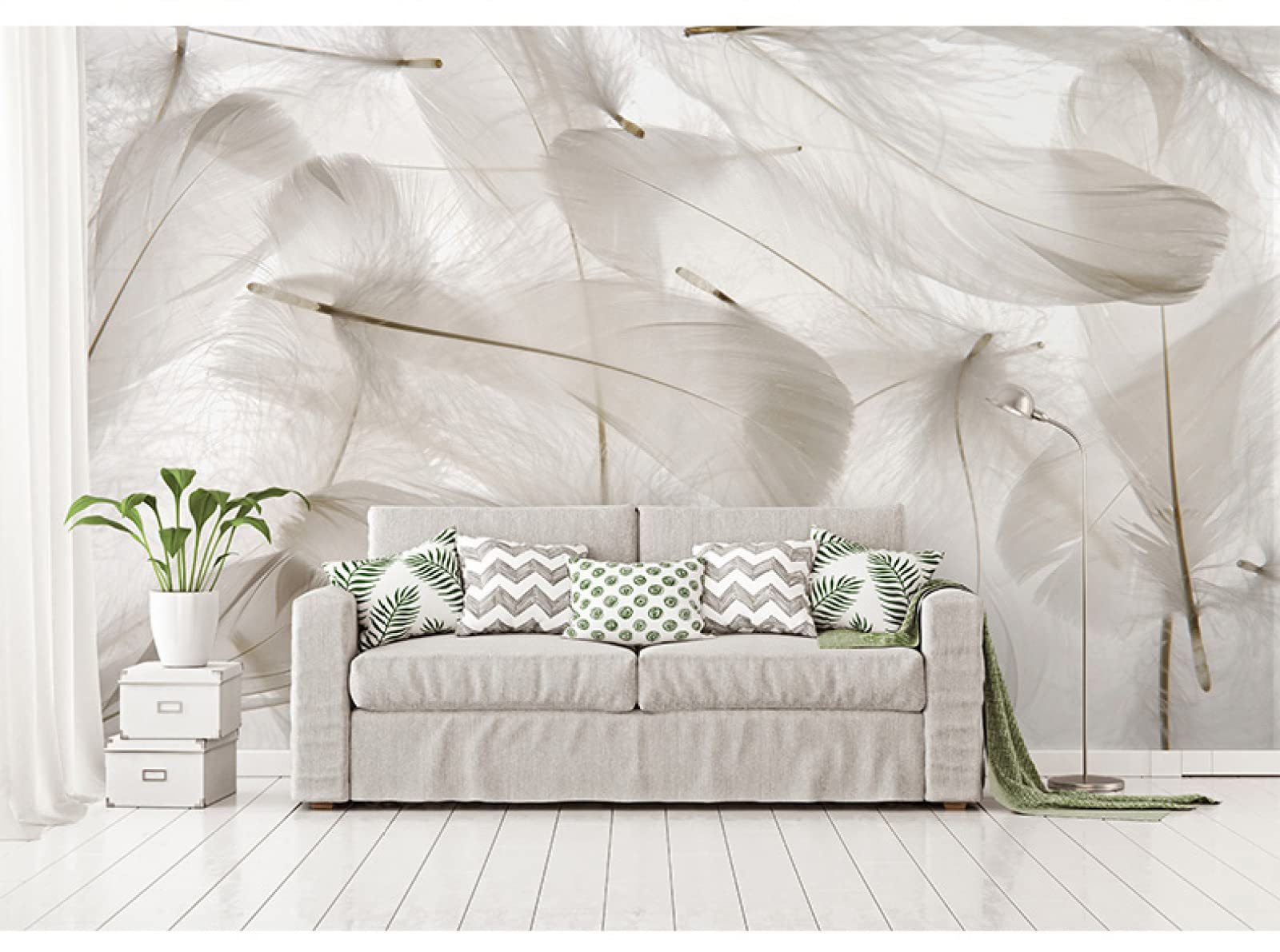 Papier peint mural abstrait plume blanche 3D pour salon - Décoration murale 350x245cm