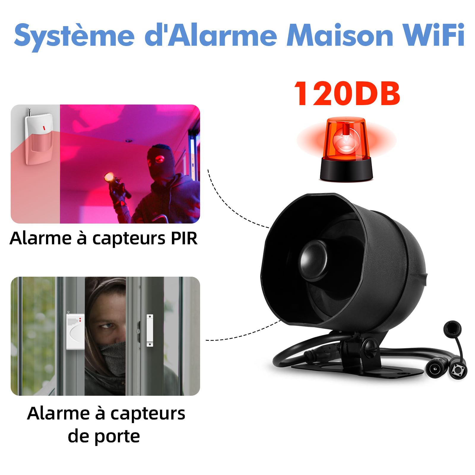 WIFIAlarme Maison sans Fil, Sirène Alarme Exterieure 115 DB, Capteur D'Alarme De Porte, Alarme Detecteur De Mouvement Et TéLéCommande(Noir)