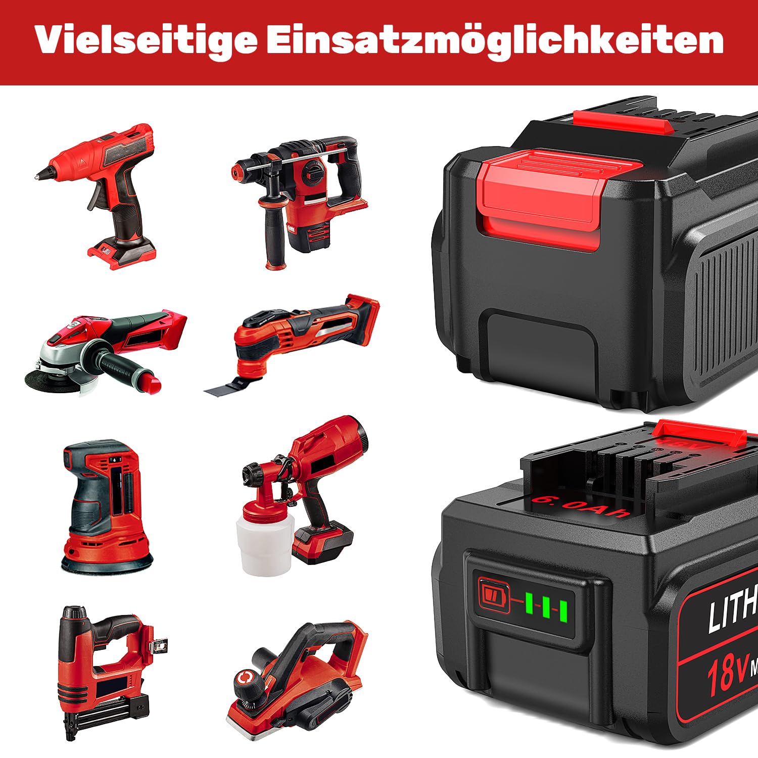 6,0Ah Ersatzakku Kompatibel mit Einhell, 18V 6000mA mit LED-Anzeige Kompatibel mit Allen 18V X-Change Family Werkzeugakkus Geräte(2 Stück)