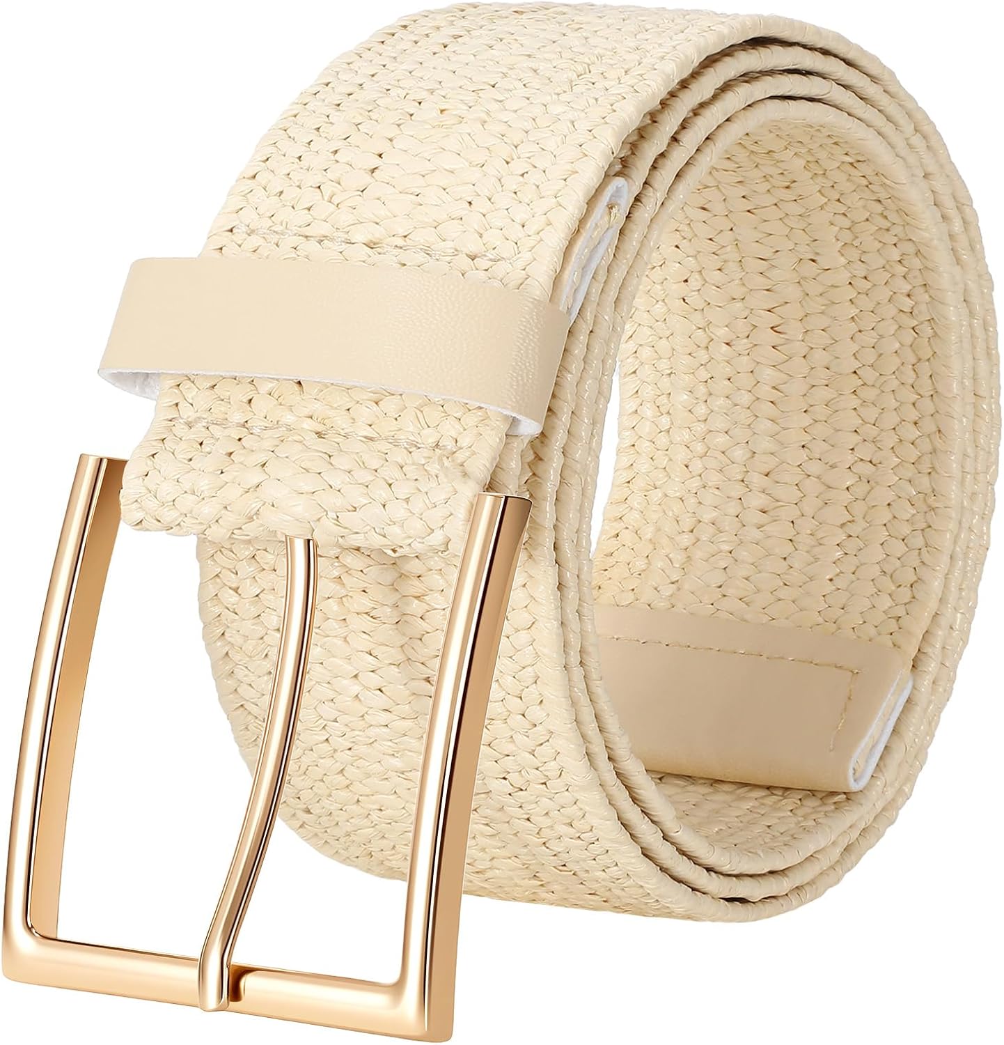 SANSTHS Wide Elastic Belts for Women with Square Metal Buckle, Stretchy Boho Belt for Jeans Pants Dresses Beige(gold Buckle) L?Fit Waist Size Up to 39"