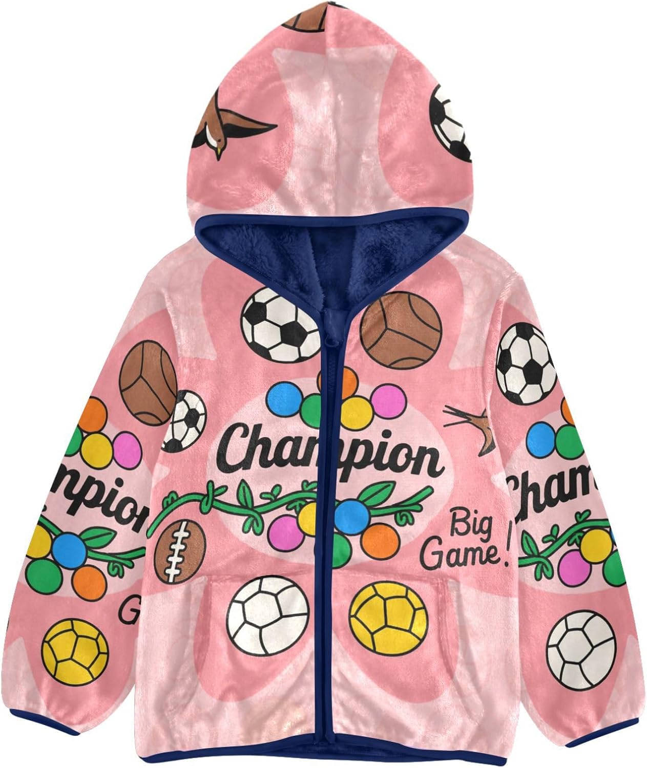 Ball Big Game Pink Floral Pattern Lightweight Zip Sweatshirt Kids Plush Jackets Navy Blue Baby Boys Clothes