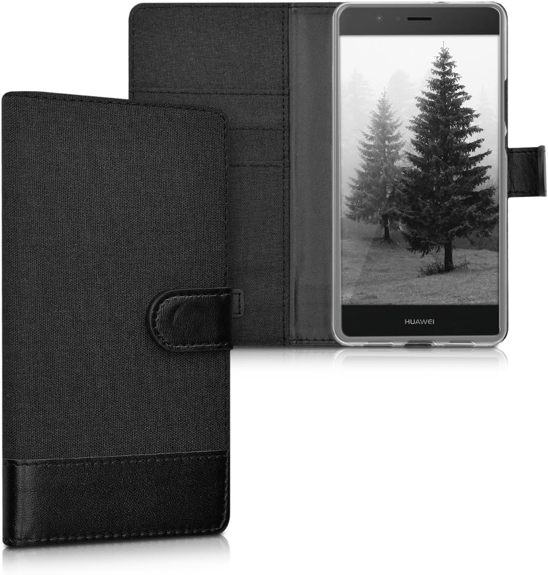 kwmobile Wallet Case Compatible with Huawei P9 Lite - Case Fabric and Faux Leather Phone Flip Cover - Anthracite/Black