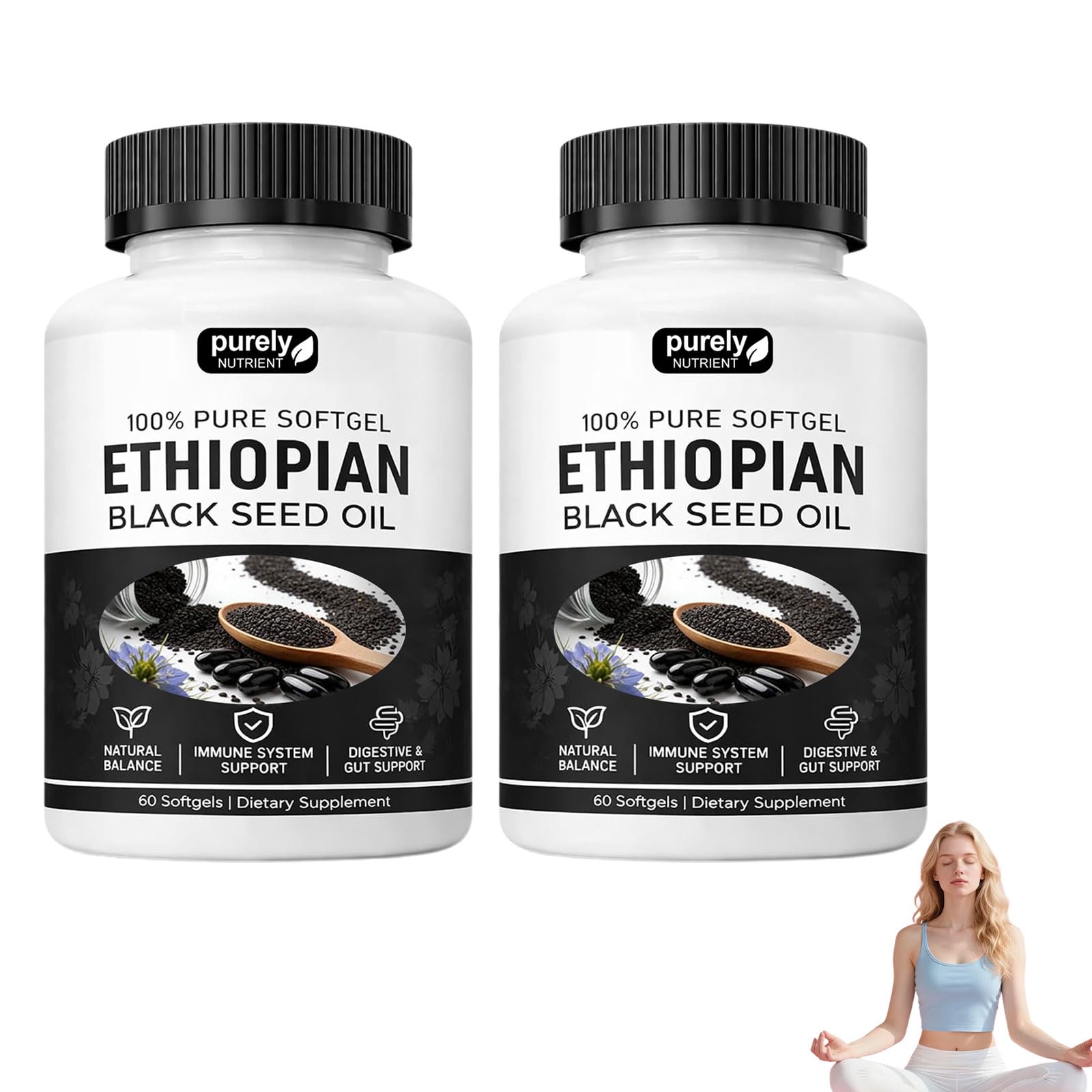 AEEHFENG Purely Ethiopian Black Seed Oil Capsules, Purely Nutrient Ethiopian Black Seed Oil, Organic Cold Pressed, Non-GMO, Gluten-Free, 60 Softgels (