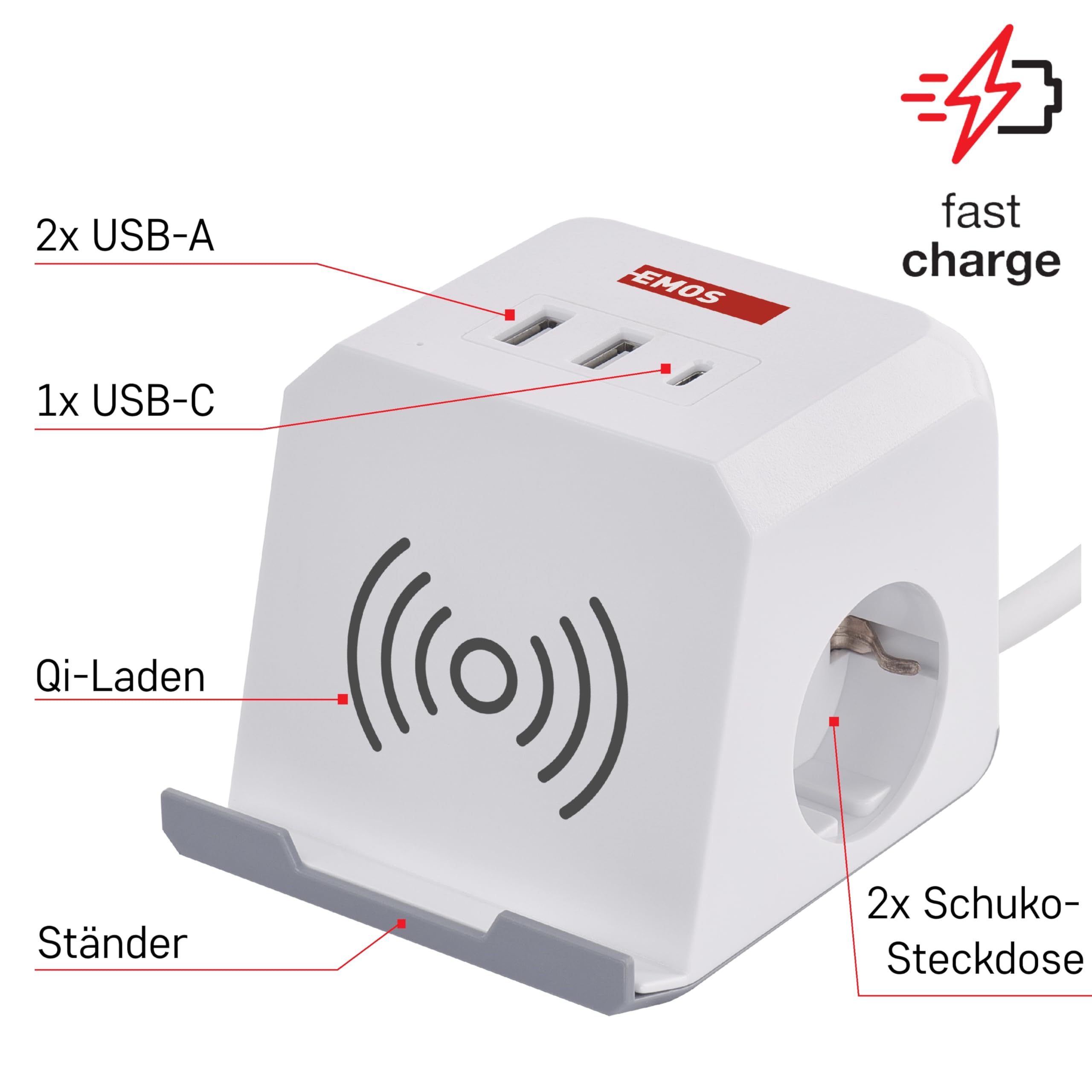 EMOS Steckdosenwürfel mit USB und QI Ladestation, 2X Schuko-Steckdosen, 2X USB-A Port, 1x USB-C Port, 1x Qi Ladestation mit Handy-Ständer, 2m Kabel, erhöhter Berührungsschutz