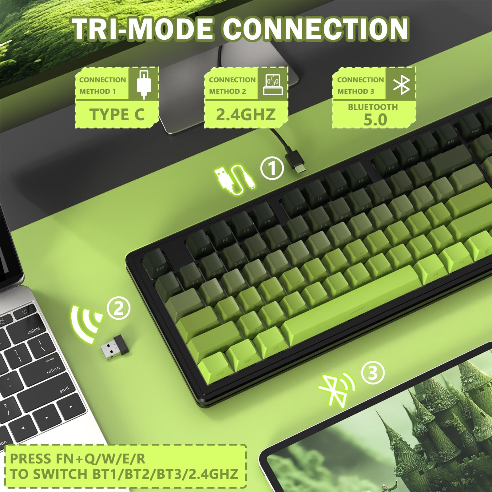 ATTACK SHARK M87PRO Clavier De Jeu Mécanique sans Fil Tkl, BT5.0/2.4G/USB-C Filaire, Clavier RGB à Échange à Chaud, 5000mAh, Disposition Américaine, Impression Latérale Dégradée - Matcha