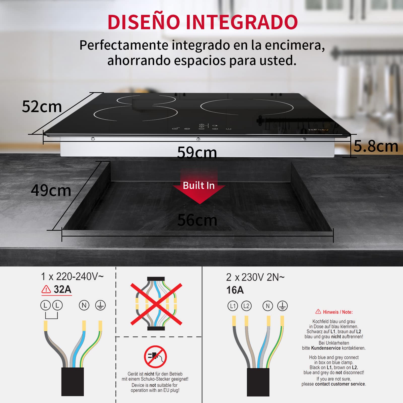 Piastra di cottura in vetroceramica elettrica (6600 W, 3 fuochi, 60 cm, da incasso, automatica, touch, timer, vetro-ceramica) -3 zone - 3