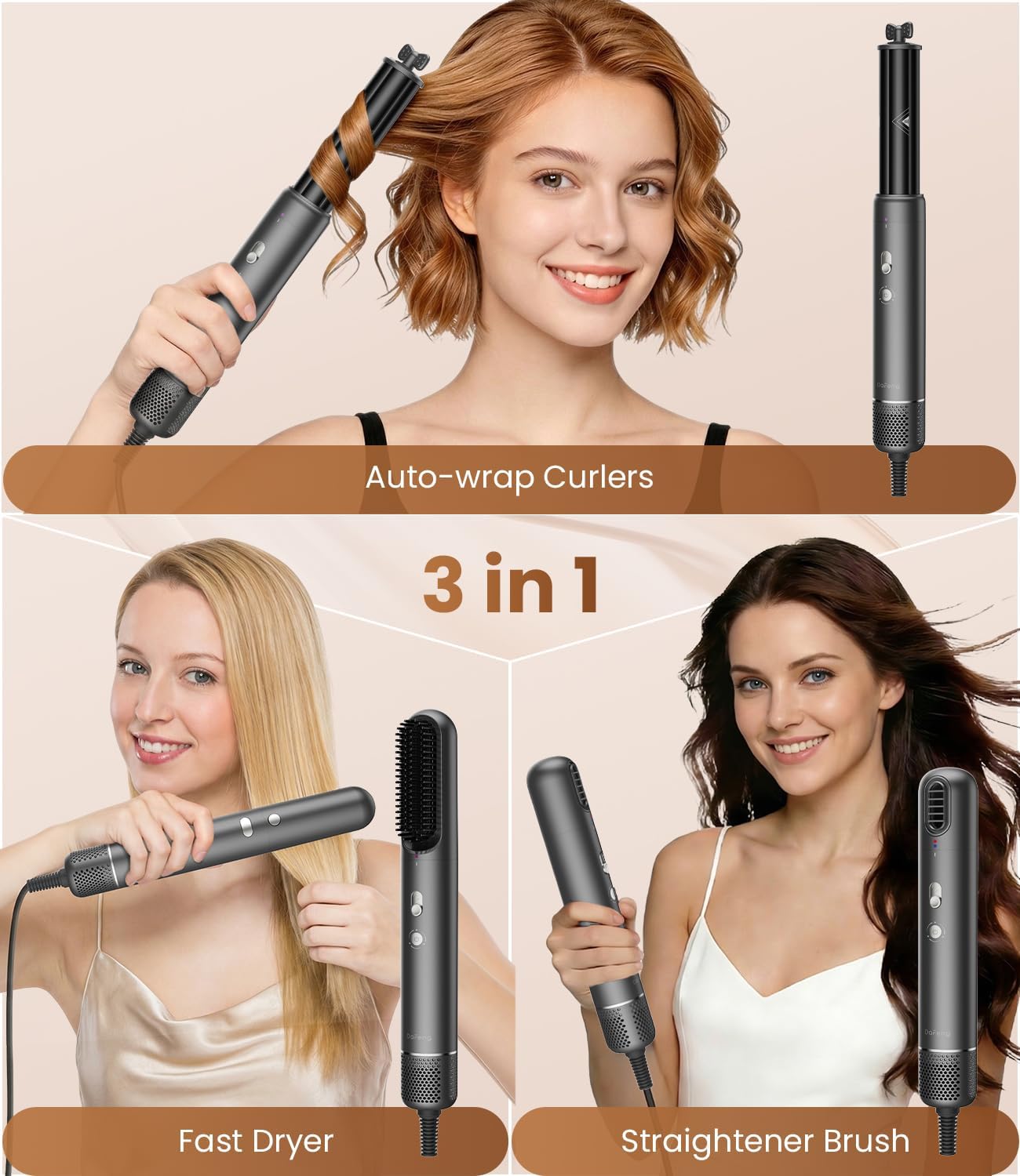 Dafeng 3-in-1 Air Wrap Hair Styler | 110,000 RPM High-Speed Hair Dryer with Auto-Wrap Curlers & Straightener Brush | 800M Ionic Hair Care | Professional Styling Tool for All Hair Types