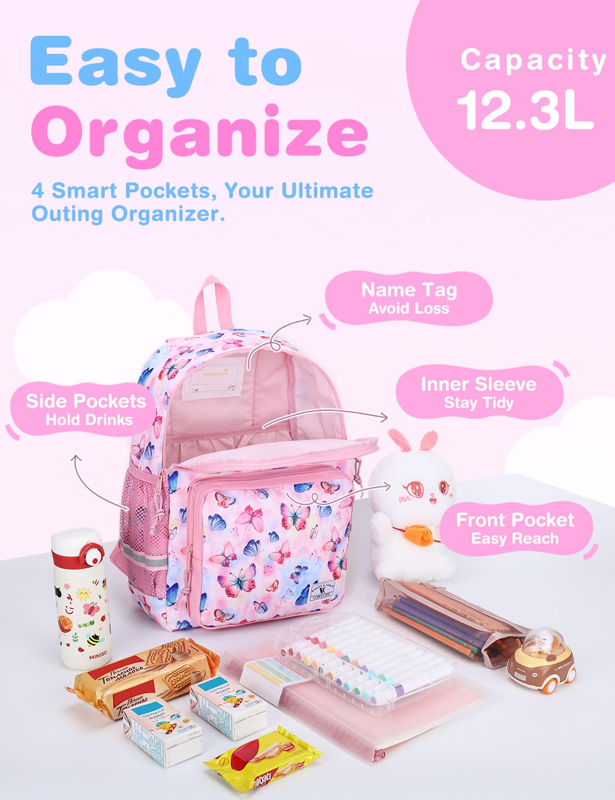 VX VONXURY Zaino per Bambini, Zaino Scolastico Leggero Zaino Prescolare Borsa per Libri Resistente All'acqua con Cinturino Pettorale per Ragazzi e Ragazze
