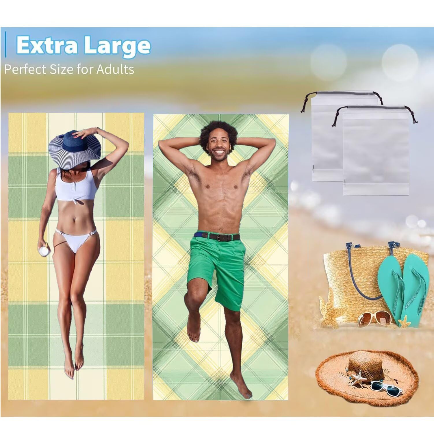 Ręcznik plażowy 90 x 200 cm, zestaw 2 dużych ręczników z mikrofibry szybkoschnący, chłonny, kompaktowy, ręcznik kąpielowy bez piasku lato koc plażowy damski do kąpieli prezent (zielona krata) H-667