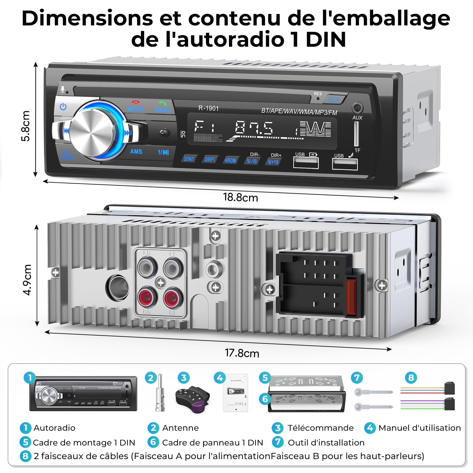 RDS Autoradio Bluetooth, CENXINY Poste Radio Voiture Bluetooth, FM Autoradio1 DIN,2USB,Charge 2.1A, Aux-in,Micro SD Soutien iOS, Android