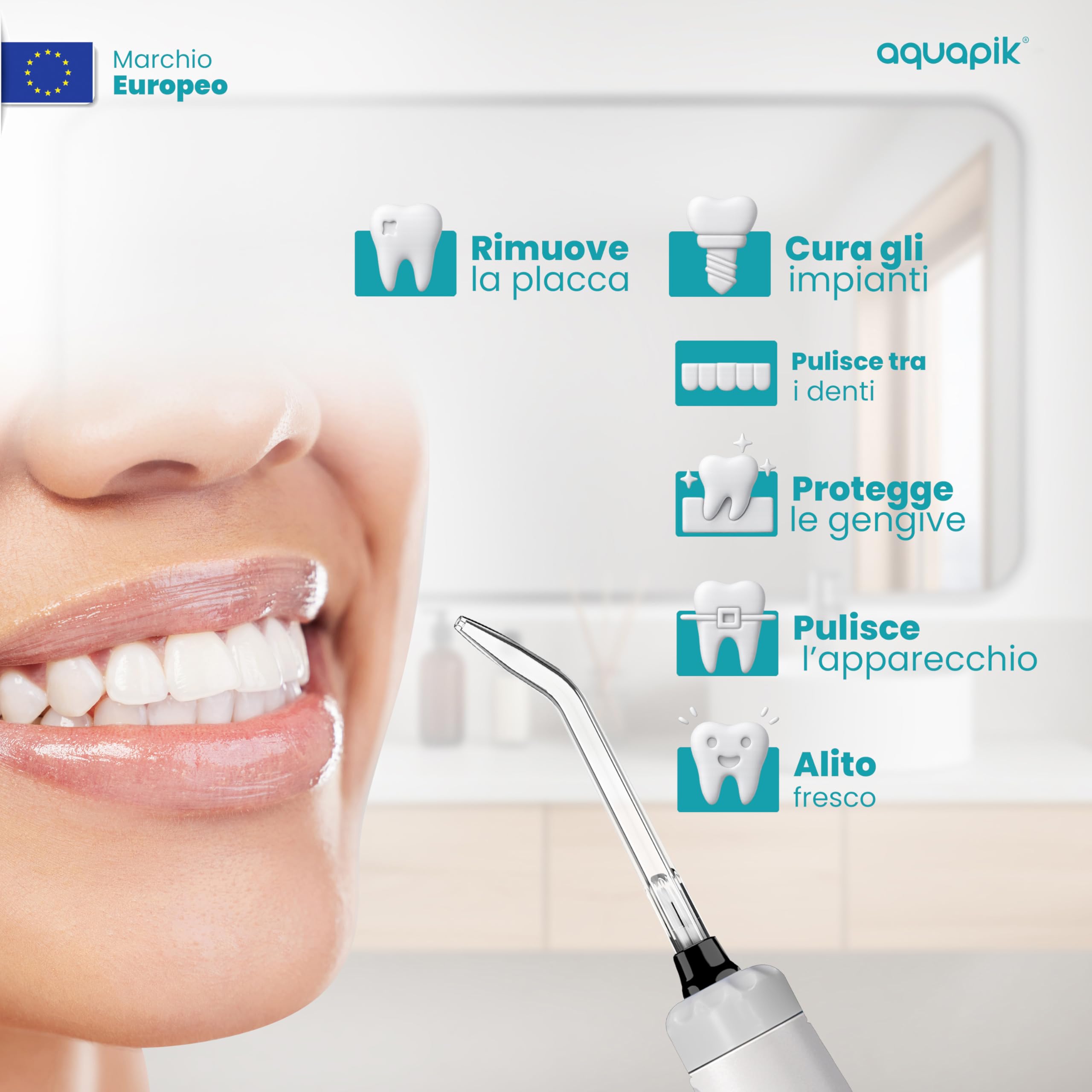 Aquapik® Hydropulseur Advanced Irrigateur buccal Idéal pour l'orthodontie, les implants et les gencives sensibles Kit blanchissant + 10 buses | 10 niveaux de pression
