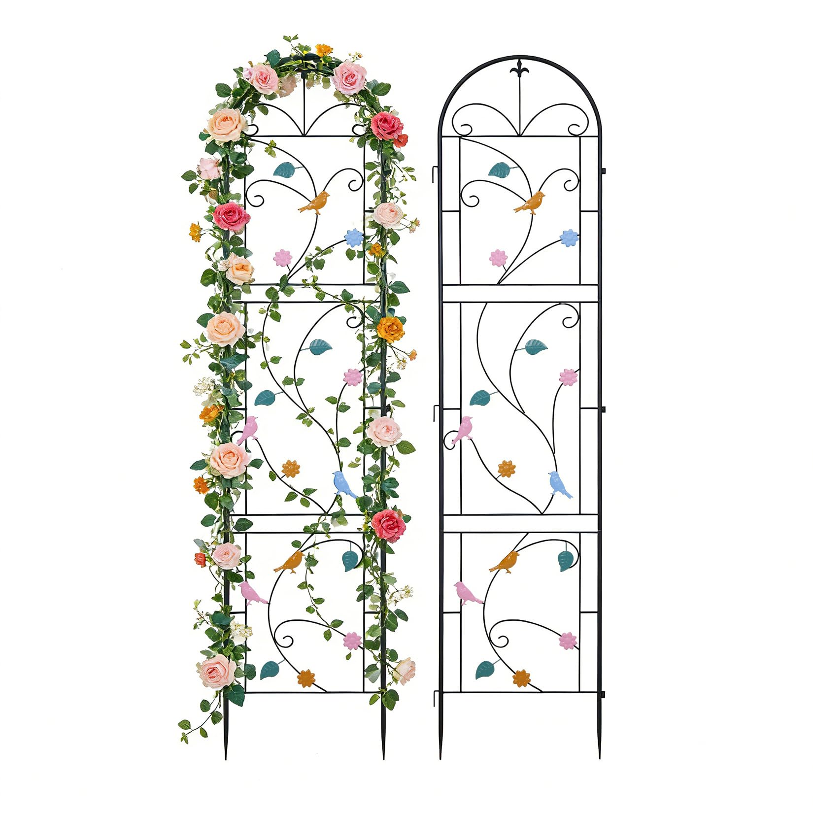 unho 2 Pack Tall Garden Trellis for Climbing Plants - 214cm/7ft Rustproof Metal Rose Support with Decorative Bird & Flowers - Sturdy Iron Plant Stakes for Clematis, Ivy, Outdoor Patio & Yard - Black