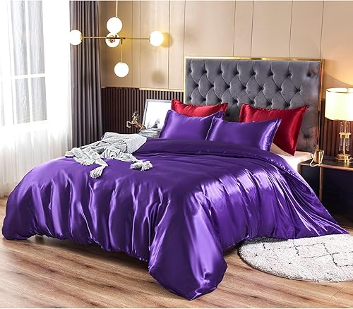 HOdo Home Funda de edredón de satén tamaño King, funda de edredón de 3 piezas, ultra suave y transpirable, con cierre de cremallera y lazos en las