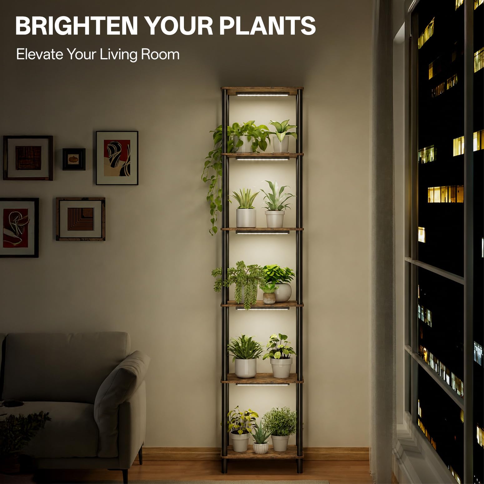 Bstrip Blumenständer mit Pflanzenlampe, 180cm 5 Ebenen Blumenständer Hoch | Holz & Metall, LED Pflanzenlampe Vollspektrum, Dekoratives Pflanzständer für indoor, Wohnzimmer, Innen Außen Blumenregal