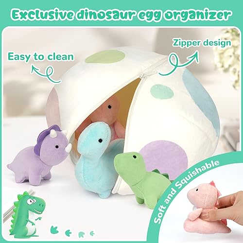 Miniatura 4 de Juego de animales de peluche de dinosaurio, juguetes de dinosaurio de felpa suave, lindo huevo de dinosaurio de peluche con 5 pequeños peluches de