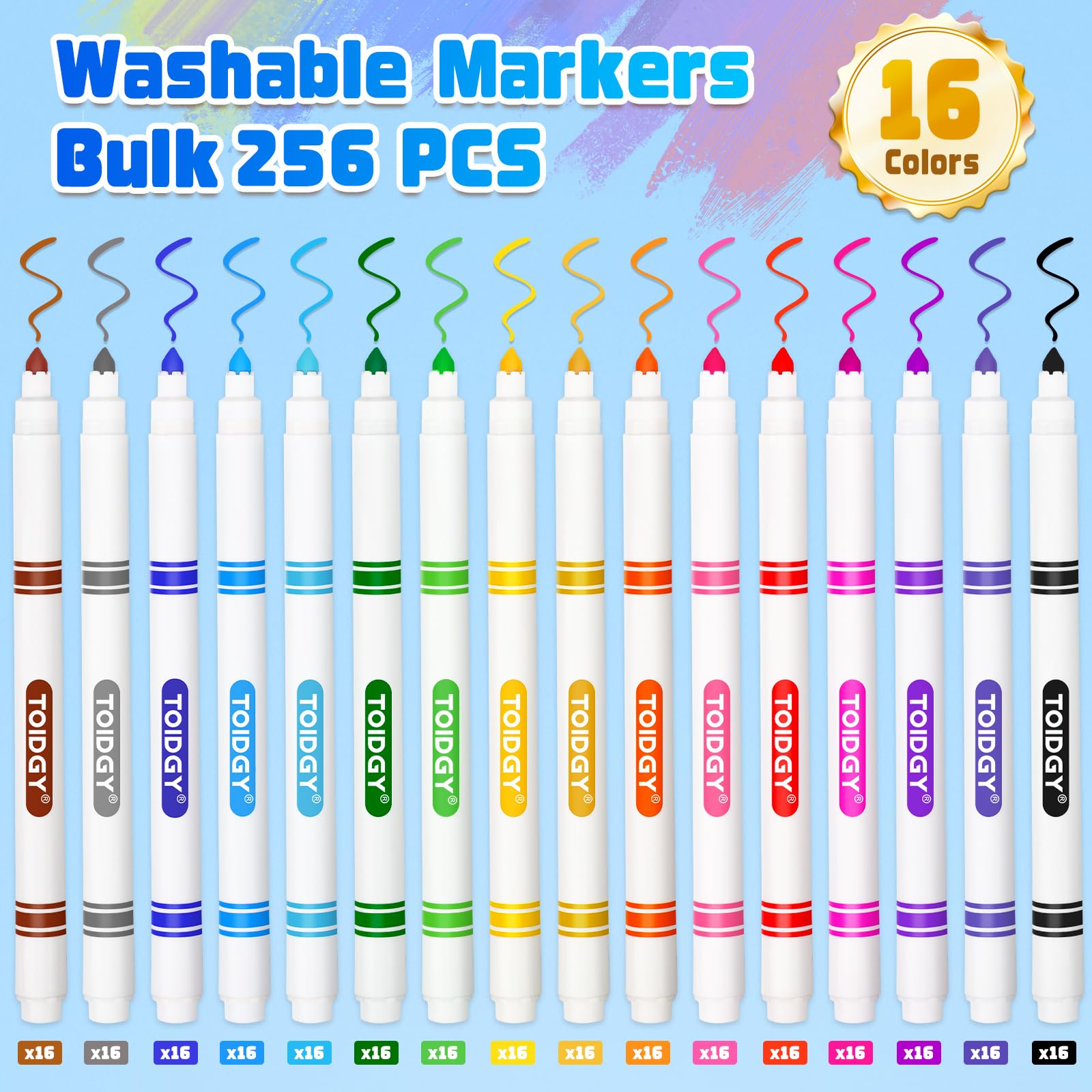 Toidgy 256 Stück waschbare Marker für Kinder, farbige Marker für die Schule, dünnes Marker-Set in 16 verschiedenen Farben, feine Linienmarker mit konischer Spitze, Schulbedarf, Klassenzimmer Must