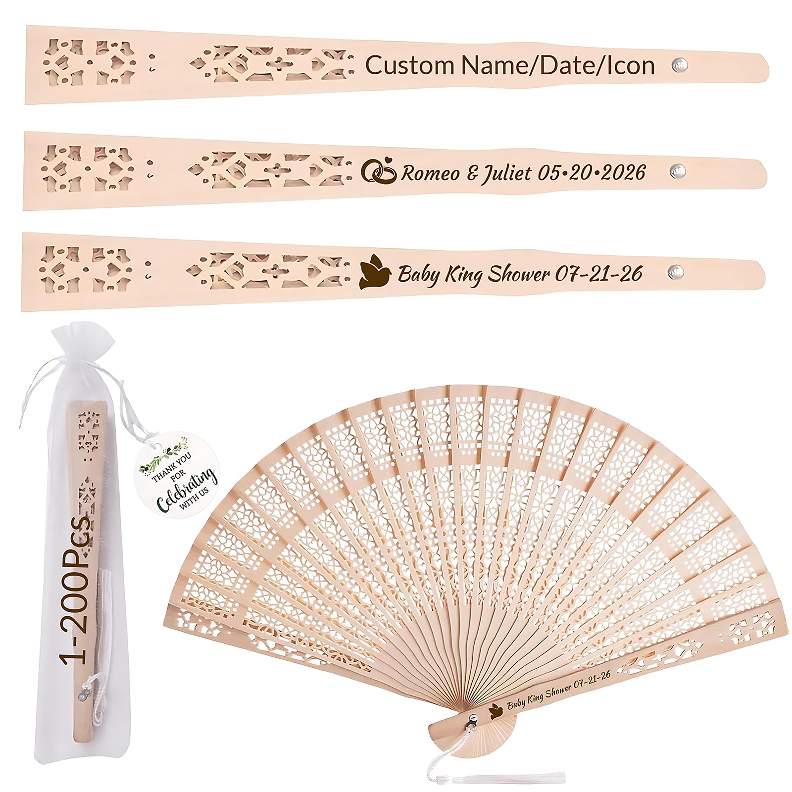 JONZIN 30Pcs Personalized Wedding Fans for Guests Bulk Custom Fan Wooden Folding Hand Engraving Name/Date for Wedding Baby Shower Party Favors