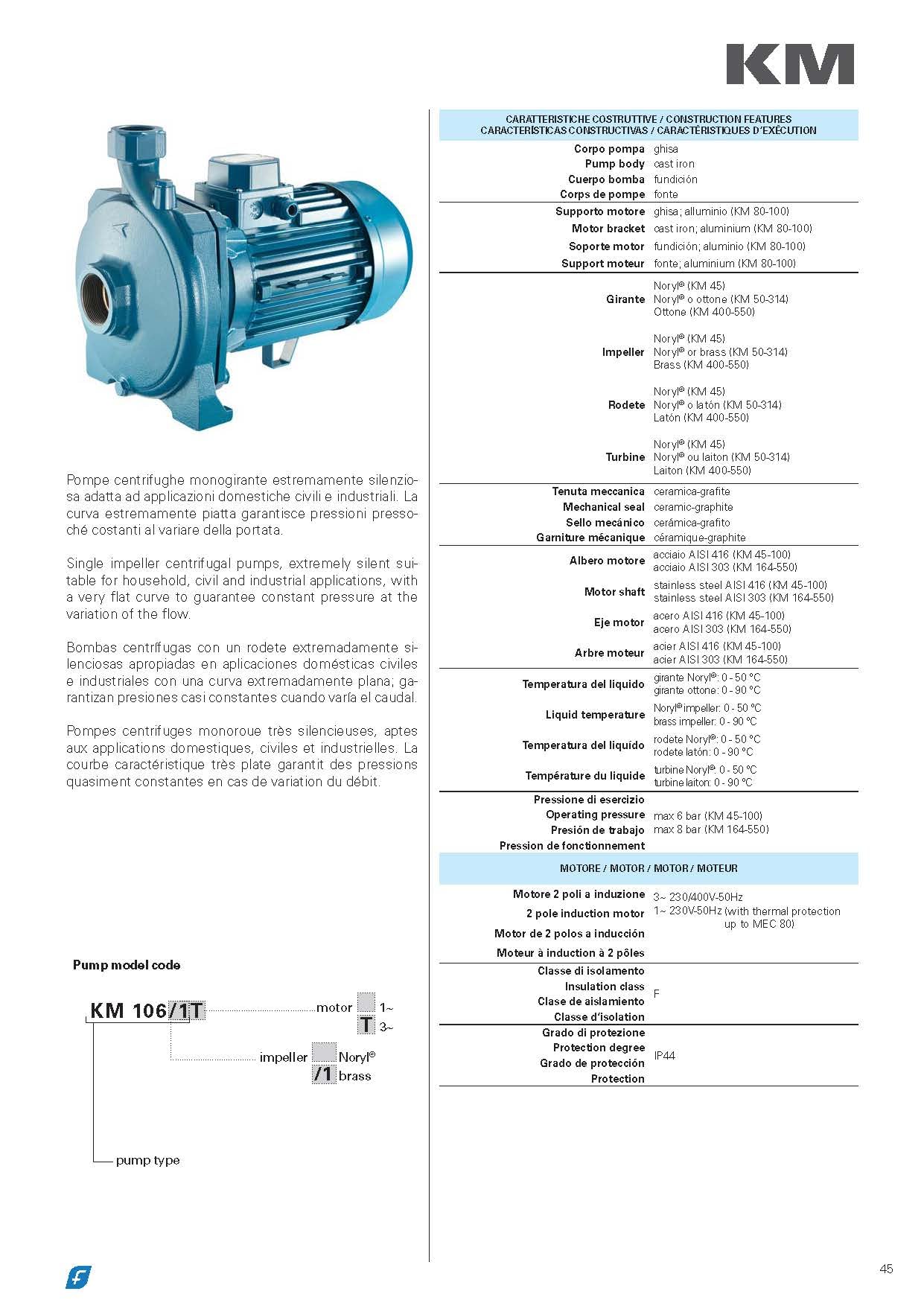 FORAS KM106/1T pompa wirnikowa 400 V – silnik IE3 1,2 kW – 90 l/min, wysokość tłoczenia 33 m – wysoka temperatura 0–90°C – praca ciągła – bardzo cicha – wyprodukowano we Włoszech – jakość przemysłowa