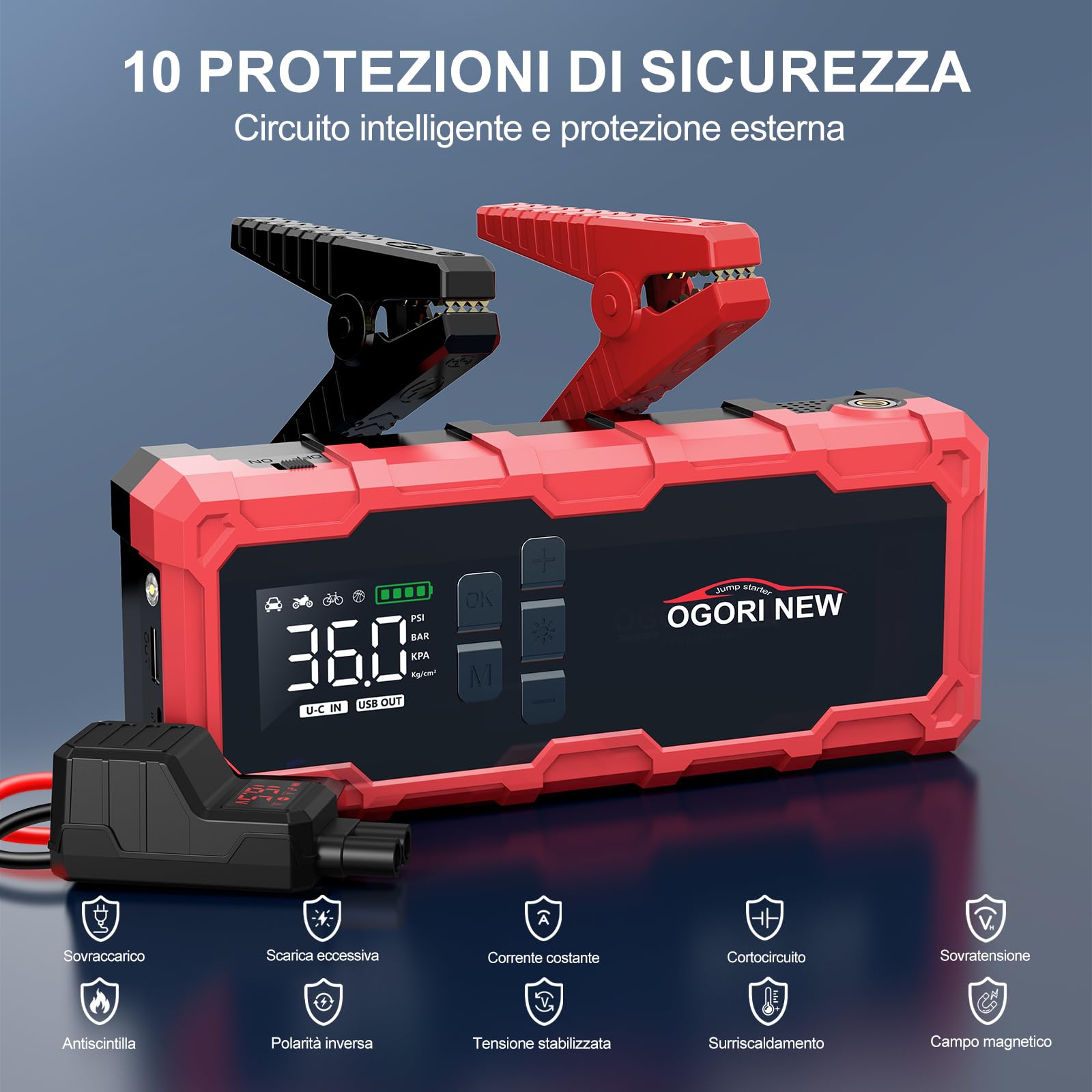 Avviatore Batteria con Compressore 150PSI,7000A Booster Avviamento Auto,Starter Batteria Auto con Torcia, Ricarica USB (8.0L Diesel/10.0L Benzina)