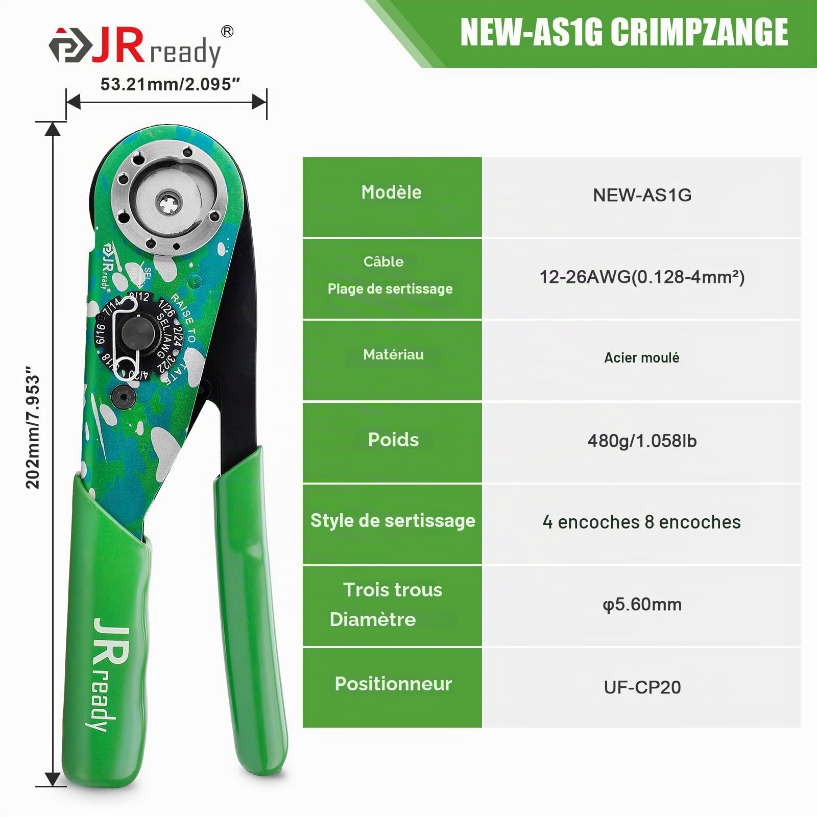 JRready ST2191 NEW-AS1G Pince à sertir avec positionneur UF-CP20, spécialement conçue pour le sertissage des connecteurs des connecteurs étanches industriels JRSSWCONN