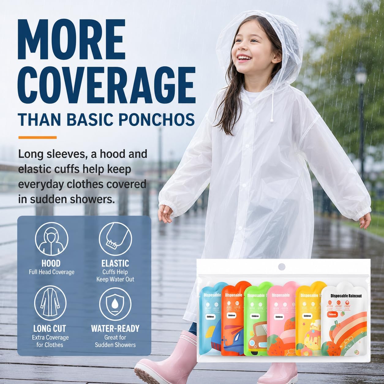 Disposable Raincoat 7 Packs – 7 Colors, Ultra-Compact Waterproof Ponchos with Windproof Hood & Elastic Cuffs