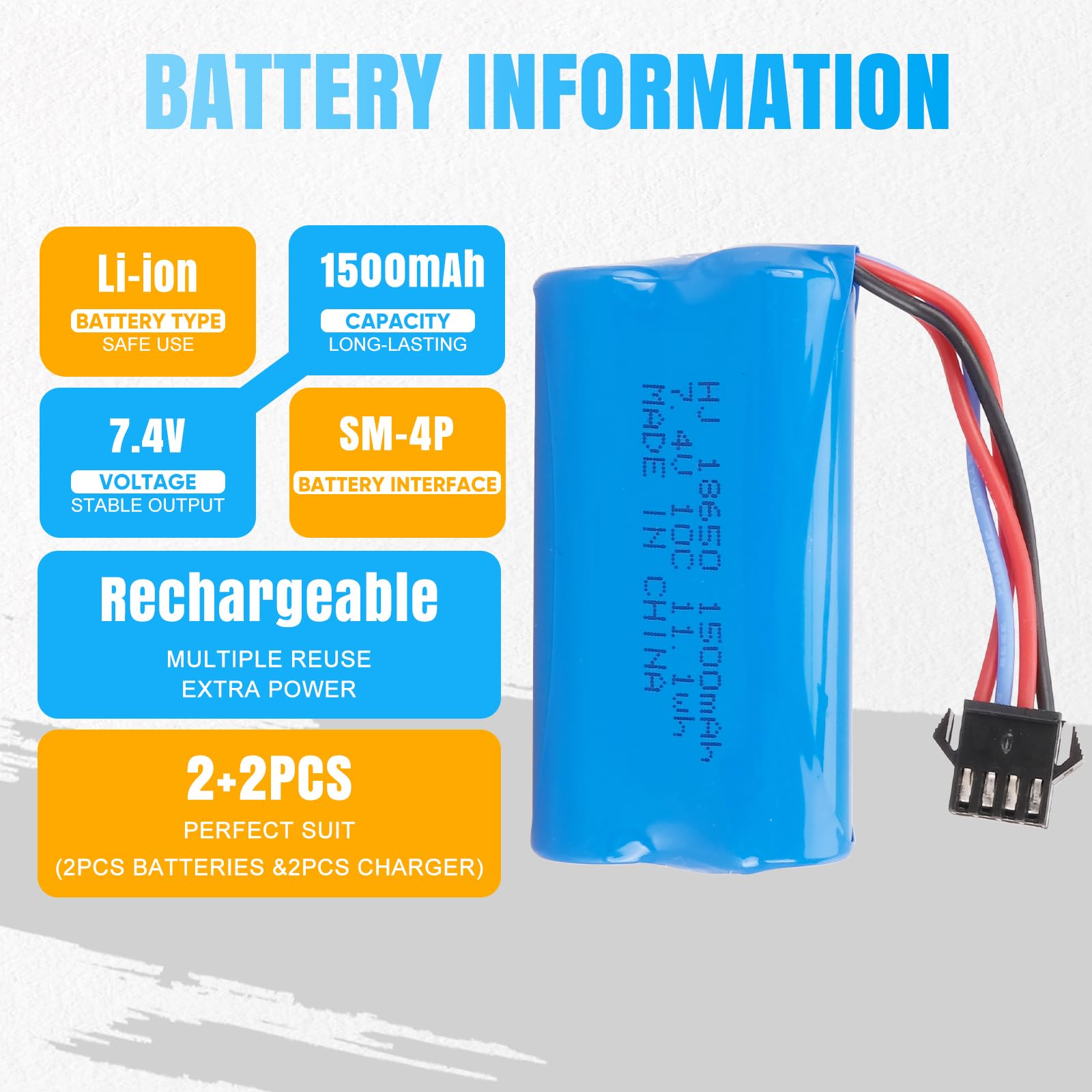 2PCS 7,4V 1500mAh Rechargeable Batterie(USB Câble de Charge & SM-4P Prise) Compatible avec EC08 Modèles de Voitures Télécommandées (Véhicules Tout-Terrain, Motos Course, Bateaux Drift)