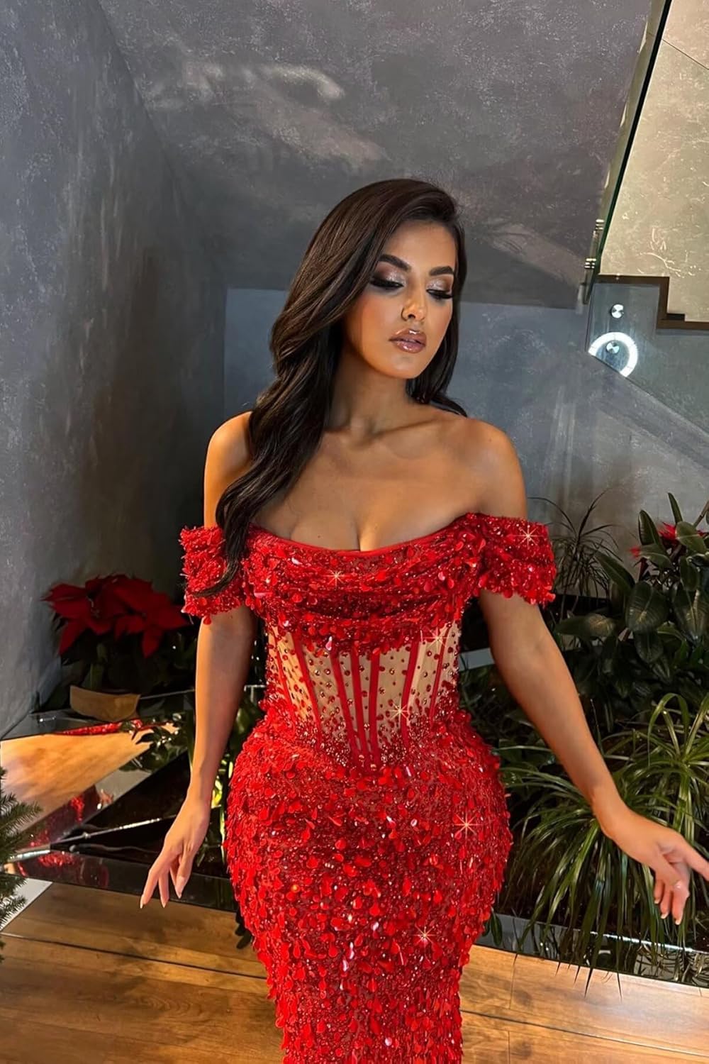 Sequin Prom Dresses 2025 Long Sparkly Off Shoulder Mermaid Beaded Sexy Sheer Formal Dresses Evening Party Gowns with Train