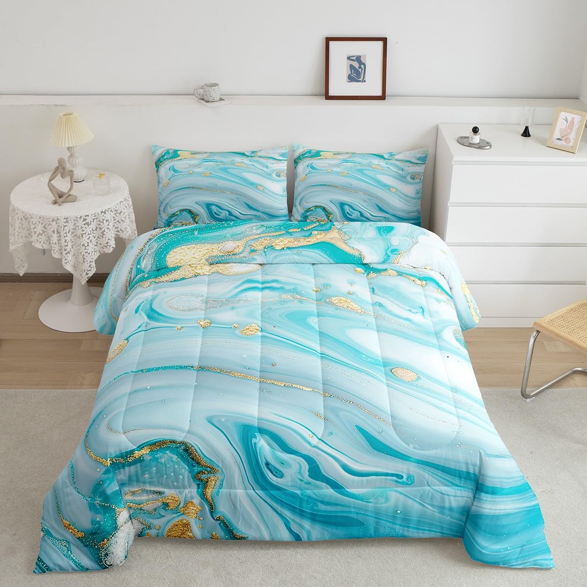 Teal Marble Duvet Insert/Quilt Aqua Marble Bedding Set Turquoise Crystal Mineral Marble Comforter for Boys Girls Kids Colorful Abstract Art Painting Duvet Set King Size