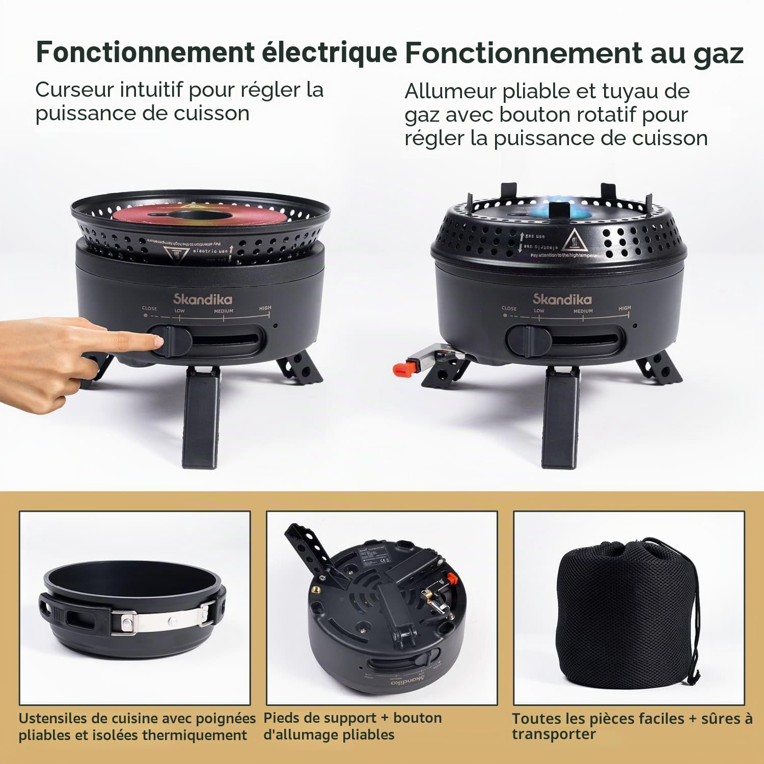 Skandika Réchaud de camping Rask | Fonctionne à l'électricité ou au gaz, allumage piézoélectrique, set avec casserole, poêle, sac | Réchaud à gaz, électrique, plein air, portable
