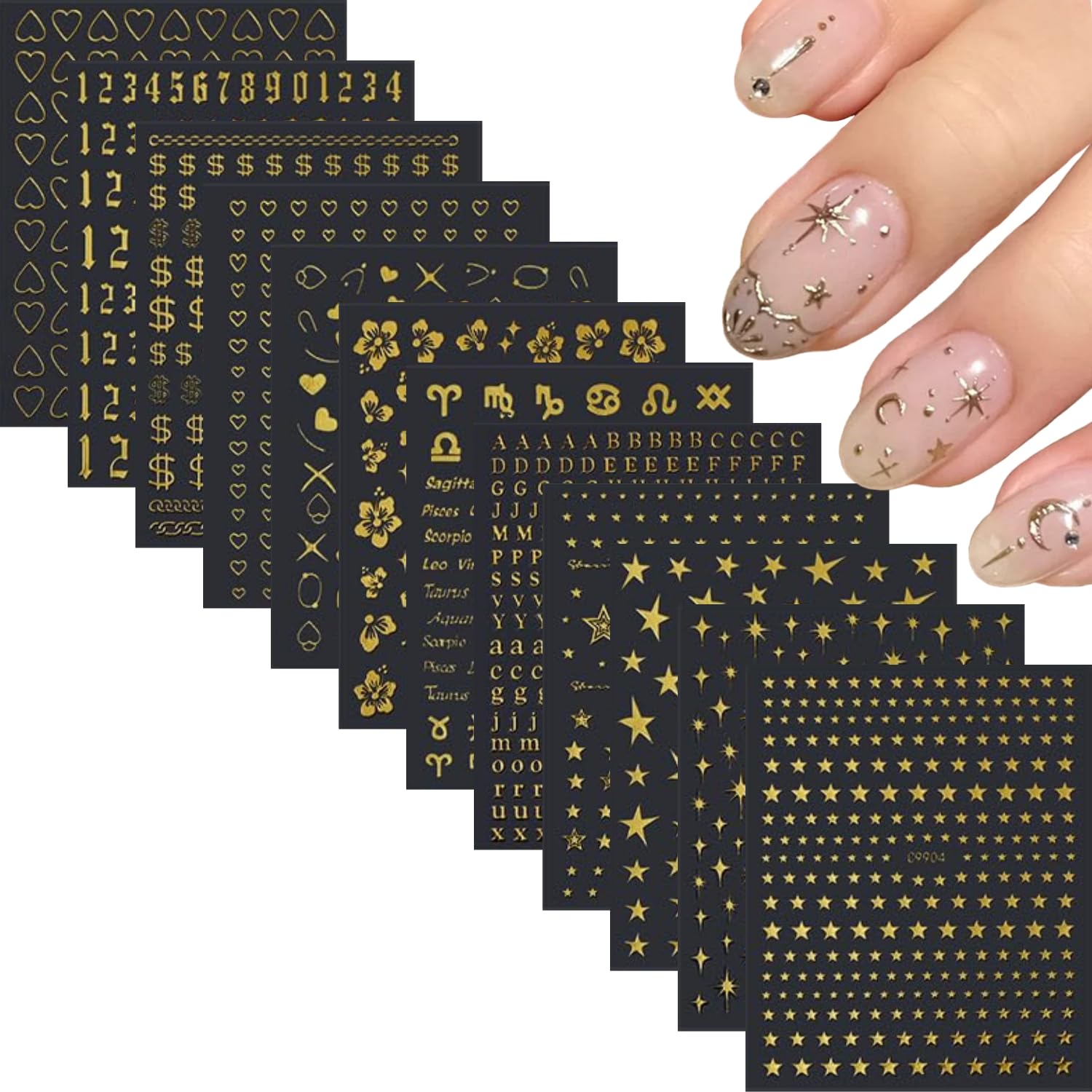 12 Sheets Gold Nail Stickers for Nail Art 3D Self Adhesive Nail Art Stickers Letter Flower Heart Star Nail Decals Gold Nail Design Manicure Decoration