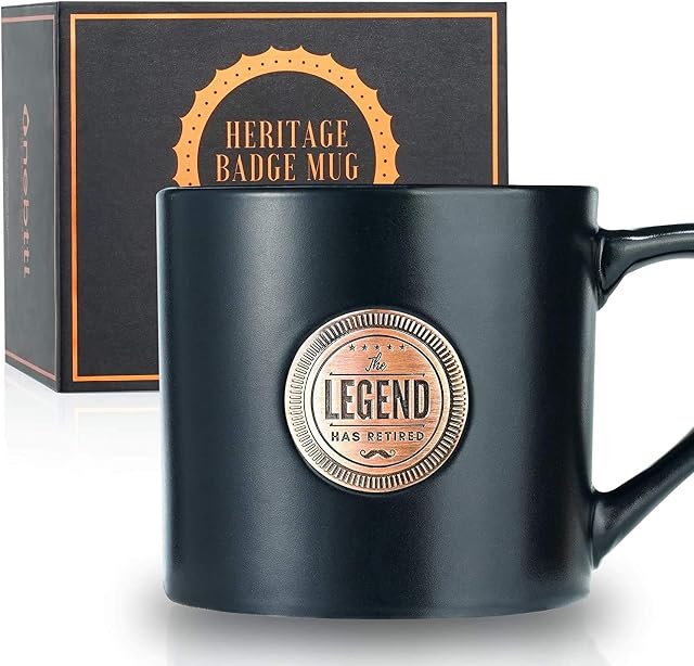 Onebttl Retirement Gifts for Men 2023- "The Legend Has Retired 15 oz (450ml) Coffee Cups Ceramic Mug with a Golden Badge-Teacher Retirement Gifts, Retirement Gag Gifts for Dad, Coworkers, Boss