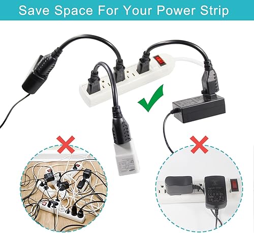 Miniatura 5 de Paquete de 3 Cable de extensión de alimentación corto de 6 pulgadas, mini cable de extensión negro de 3 clavijas para interiores, cable de extensión