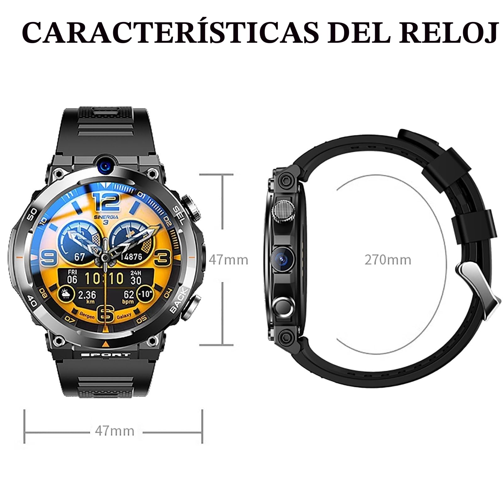 Reloj inteligente con SIM 4G para hombre - Pantalla redonda de 1,39 pulgadas, cámara doble, función NFC, impermeable IP67, gran regalo
