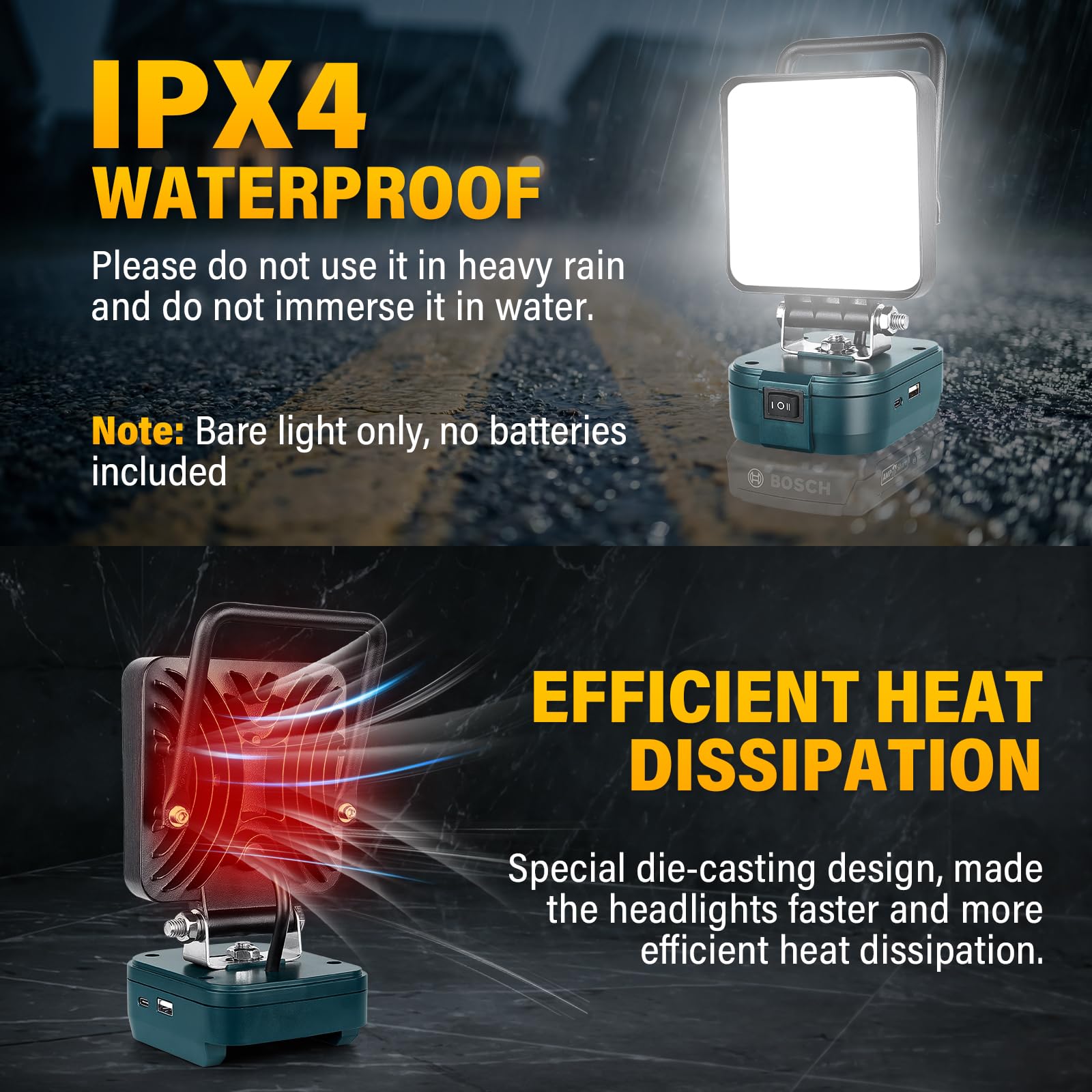 RIGIDON recargable portatil foco de trabajo led para batería bosch 18V /20V | sin batería, 4 pulgadas, 48W 4800lm, foco led Lámpara, para camping trabajo pesca construcción, emergencia, 6000K blanca