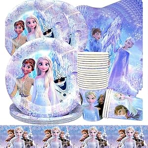 Doyomtoy 61PCS fiesta de cumpleaños, vajilla, decoración Frozen Elsa Anna, para fiesta de cumpleaños infantil platos, tazas, manteles, servilletas, cumpleaños Elsa