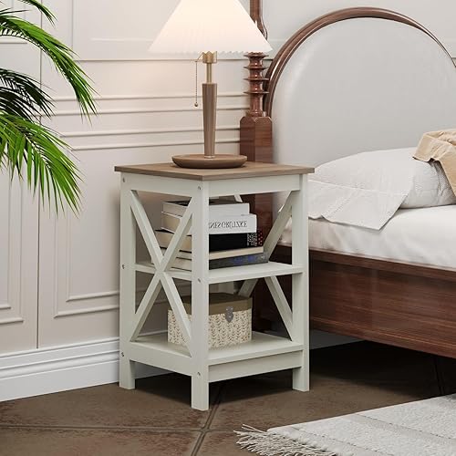 Miniatura 3 de MFSTUDIO Juego de 2 mesas auxiliares de madera para sofá de 3 niveles con estantes de almacenamiento, estructura de diseño X, mesita de noche para