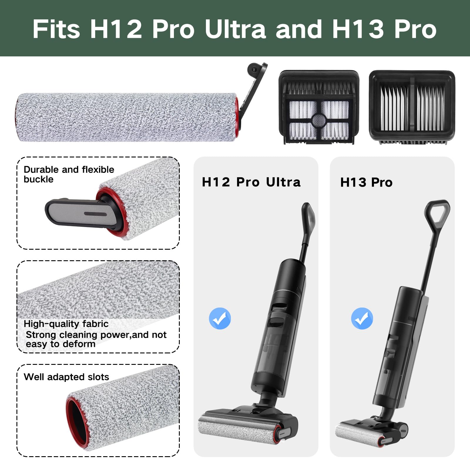 7 sztuk akcesoriów do Dreame H12 Pro Ultra/H13 Pro, części zamienne do odkurzacza na mokro i sucho, 2 rolki szczotki + 4 filtry + 1 szczotka do czyszczenia