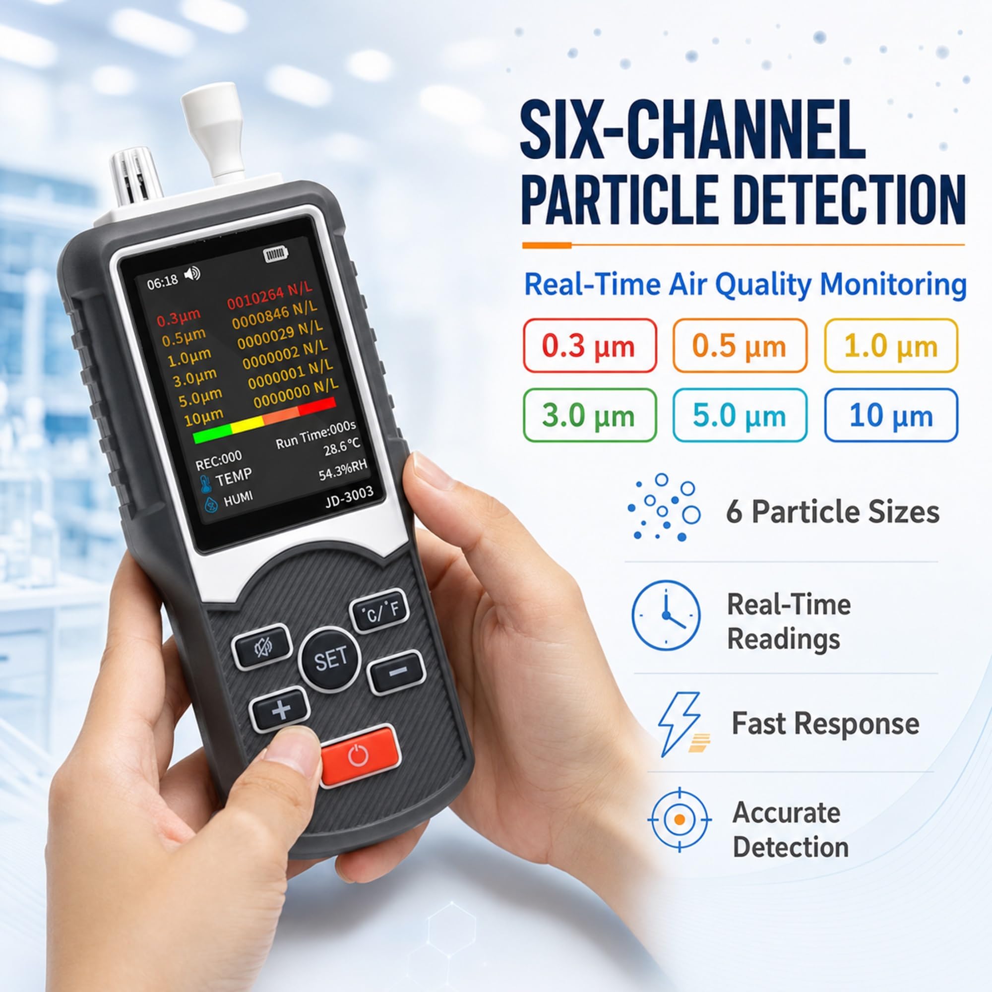 Contatore di particelle per camere bianche e HVAC, 6 canali | Strumento portatile con misurazione rapida, display HD, memoria dati e soglie di allarme regolabili